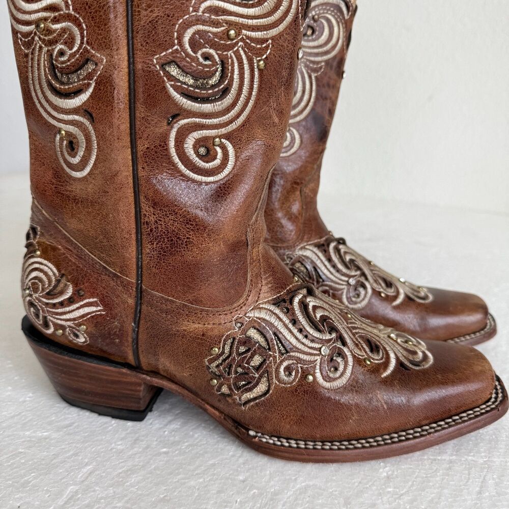 Stiefeld Handcrafted Leather Western Boots Women 8.5 Floral Embroidered Crystal - Picture 3 of 15